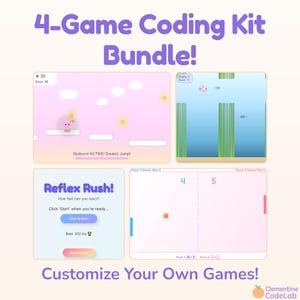 Könnte beinhalten: Grafik, die ein 4-Spiele-Coding-Kit-Bundle bewirbt. Das Bild zeigt vier verschiedene Spieloberflächen, darunter ein rosa Himmel-Spiel, ein blaues Unterwasser-Spiel und ein Reflex-Spiel. Der Text lautet "Customize Your Own Games!"