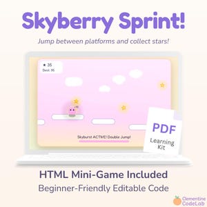 Peut inclure: Un ordinateur portable affiche le jeu "Skyberry Sprint!" avec un fond rose et des étoiles. Le jeu présente un personnage rose sautant entre des plateformes. Un kit d'apprentissage PDF est inclus. Le texte dit "HTML Mini-Game Included" et "Beginner-Friendly Editable Code."
