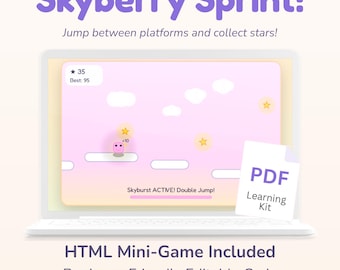 May include: A laptop displays a game called "Skyberry Sprint!" with a pink background and stars. The game features a pink character jumping between platforms. A PDF learning kit is included. The text says "HTML Mini-Game Included" and "Beginner-Friendly Editable Code."