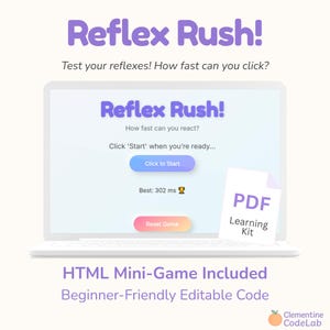 May include: A white laptop screen shows the game "Reflex Rush!" in purple, inviting users to test their reflexes. The interface includes a "Click to Start" button and a PDF learning kit. The text "HTML Mini-Game Included" is at the bottom of the screen.