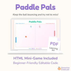 Może przedstawiać: Ekran laptopa wyświetla grę "Paddle Pals". Gra pokazuje interfejs podobny do ping-ponga z wynikami 4 i 5. Widoczny jest zestaw edukacyjny PDF. Obecny jest również tekst "HTML Mini-Game Included" i "Beginner-Friendly Editable Code".