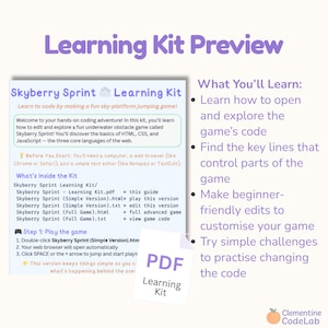 May include: A preview of a learning kit for coding, featuring the "Skyberry Sprint" game. The image includes text explaining the kit's contents, how to play, and what you'll learn, such as HTML, CSS, and JavaScript. A PDF icon is also visible.