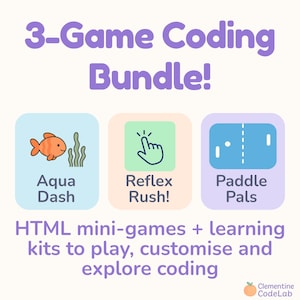 Puede incluir: Gráfico que promociona un paquete de codificación de 3 juegos. Presenta tres iconos de juegos: Aqua Dash con un pez de dibujos animados, Reflex Rush con un icono de mano y Paddle Pals con un juego de ping pong. El texto dice: mini-juegos HTML + kits de aprendizaje.