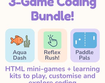 Kit di programmazione per principianti - Pacchetto di 3 minigiochi HTML / Codice modificabile + guide di apprendimento / Download digitale STEM divertente