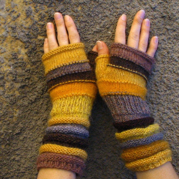 Outlander Inspired Gift idea Yellow knit fingerless gloves Unmatched Hand Knit Striped gift for her with upcycled wool and kid mohair