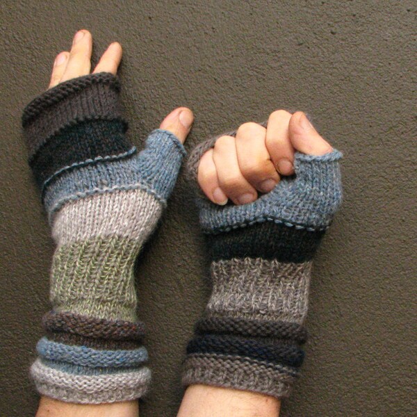 For MEN Gray Knit Fingerless Gloves as the land Men's Handwarmers Unmatched Hand Knit Striped Hand Warmers with upcycled wool and kid mohair