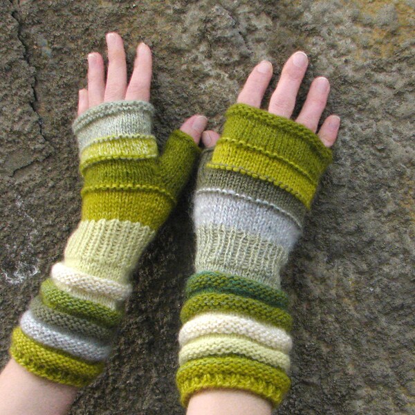 Gift for her Green knit fingerless gloves like Green peas Unmatched Hand Knit Striped Arm Warmers with upcycled wool and kid mohair