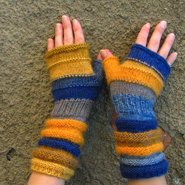 Spring fashion accessories Yellow Blue knit women fingerless gloves Gift for she Unmatched Hand Knit Striped Arm Warmers
