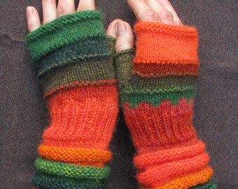 Fashion accessories Orange Green gift for women knit fingerless of Mandarins grove Gift for her Knit fingerless gloves Hand Knit gloves