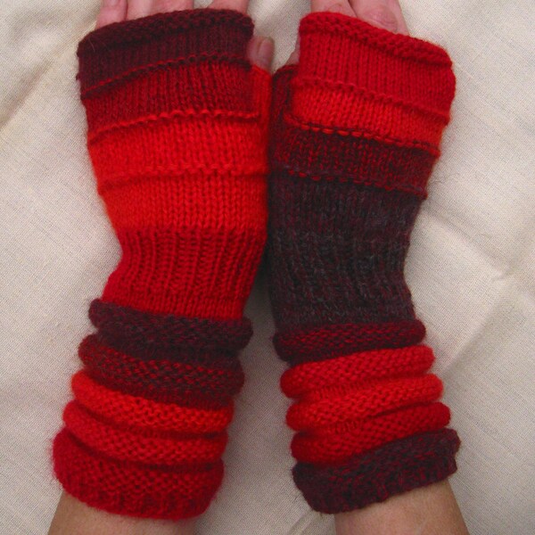 Accesorios de moda de invierno! Rojo tejer guantes sin dedos de pleno corazón inigualable mano tejer mitones rayas con reciclado de lana y mohair del cabrito