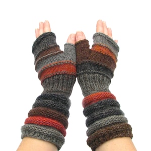 Nordic Knitted Fingerless Gloves: Upcycled Wool Striped Arm Warmers