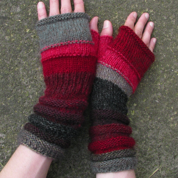 Best Day Gifts! Red Lovers Fingerless Gloves - Hand warmers. Unmatched Hand Knit Striped Women Mittens with upcycled wool and kid mohair