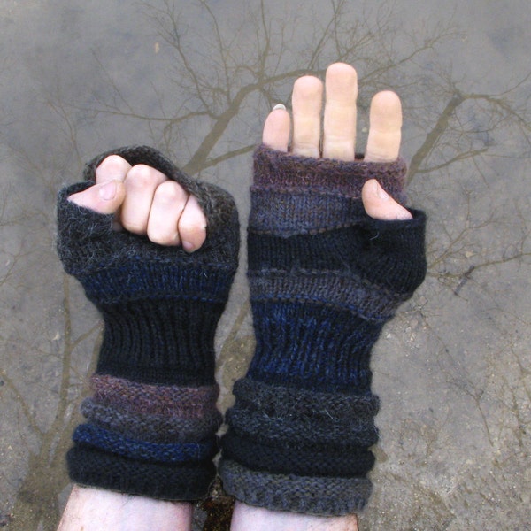 Knit Fingerless Gloves for HIM Dark like the carbons Men's Handwarmers Unmatched Hand Knit Striped Hand Warmers with upcycled wool