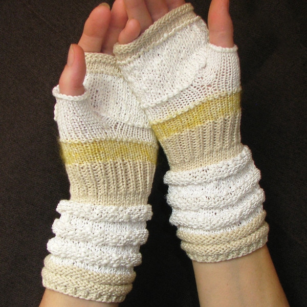 White knit gift for women Fingerless For Weddings Gift for her Hand Knit Mittens with upcycled linen, cotton and viscose