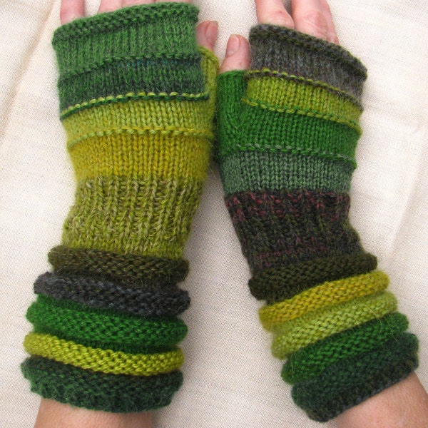 Green Fingerless from spruce forests. Unmatched Hand Knit Striped Arm Warmer with upcycled wool and kid mohair