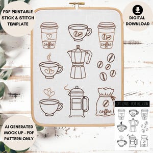 Puede incluir: Un bastidor de bordado con una tela blanca con diseños de temática cafetera. Los diseños incluyen tazas de café, una cafetera, granos de café y una bolsa de café. El texto de la imagen dice "PDF Printable Stick & Stitch Template" y "Digital Download."