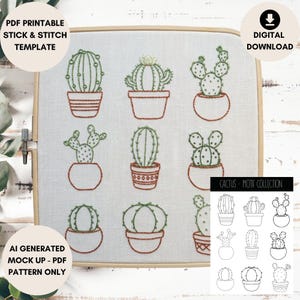May include: A framed embroidery hoop featuring a cactus motif collection. The design includes nine different cactus plants in terracotta pots, stitched with green thread. Text on the image reads "PDF Printable Stick & Stitch Template" and "Digital Download".