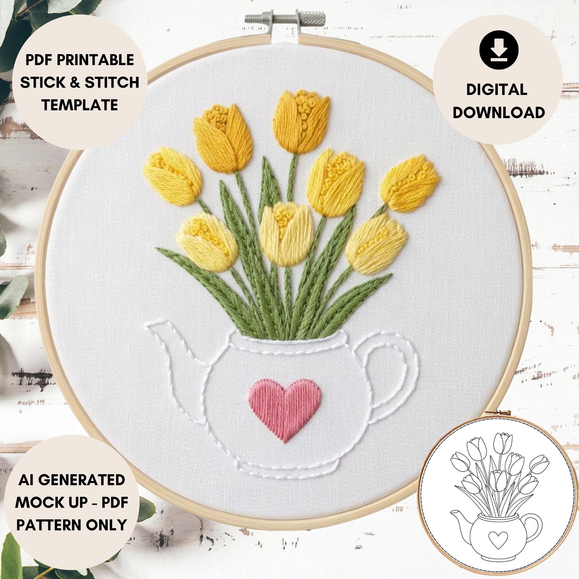 Floral Teapot Embroidery Pattern | Tulip Embroidery Design | Flower ...