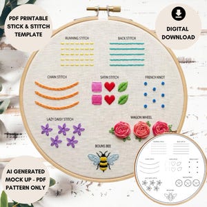 May include: An embroidery hoop displaying different stitch types in colours like yellow, teal, orange, pink, red, and blue. Text includes "PDF Printable Stick & Stitch Template" and "Digital Download". A small bee illustration is also present.