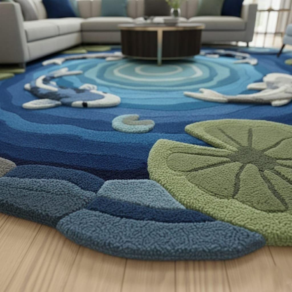 Pond Rug Design Handmade Kids Round Rug, Ocean Pond Design With Fish, Nursery ...