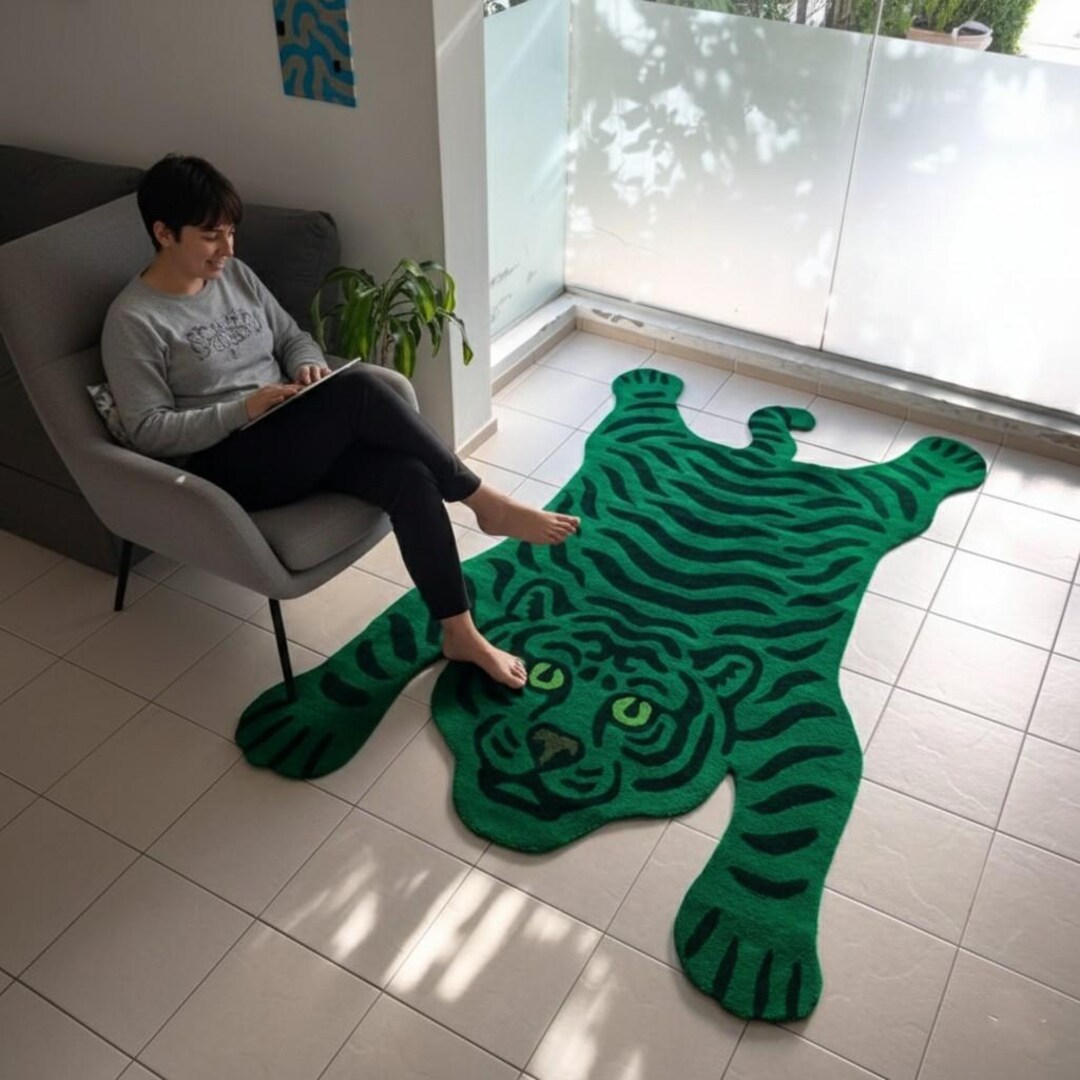 Green Tiger Rug - Handmade Animal Shaped Tufted Carpet - Maximalist ...