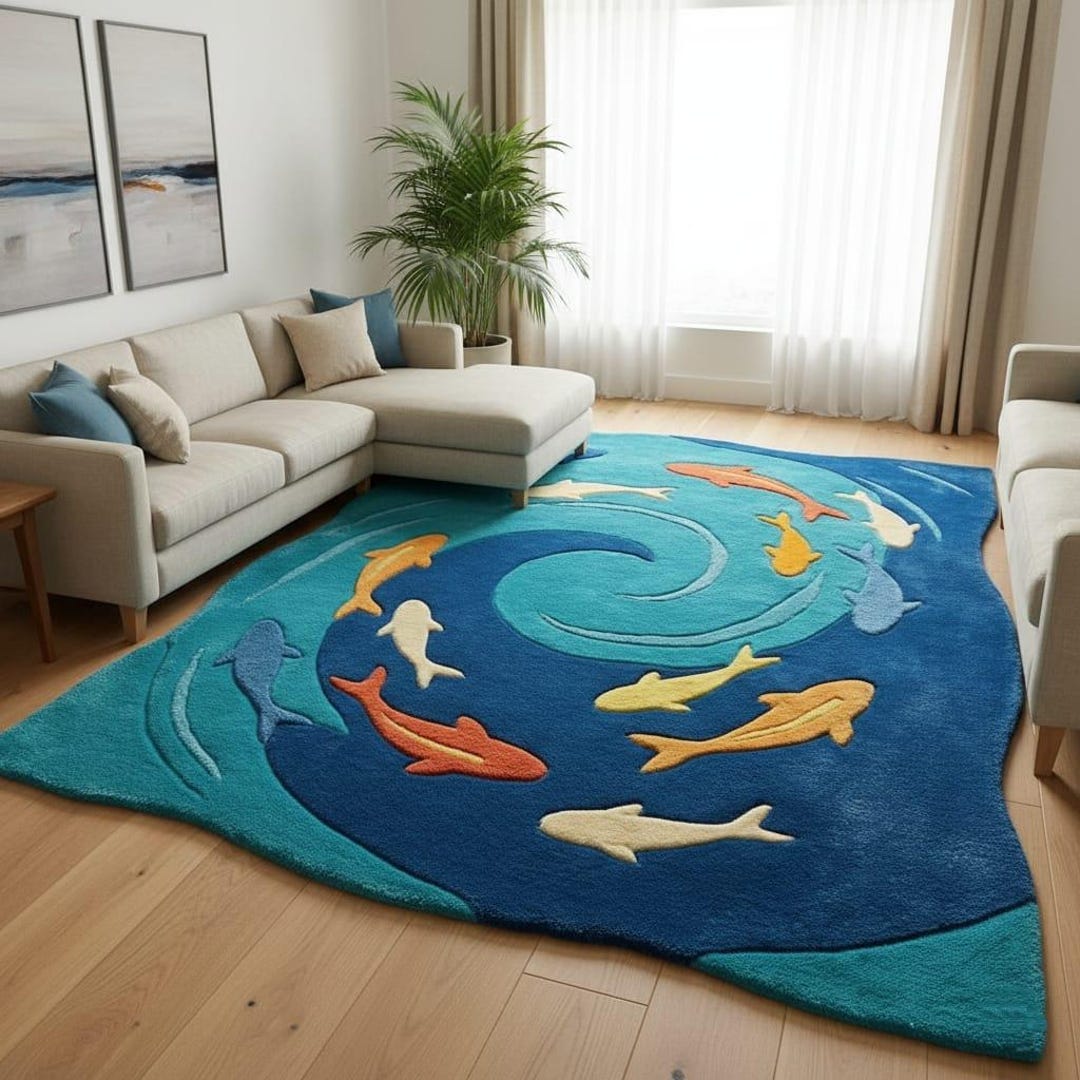 Ocean Fish Tufted Rug | Modern Living Room Carpet | Handmade Blue Area ...