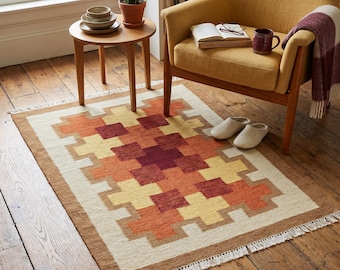 Alfombra de lana estilo suroeste, alfombra tribal geométrica hecha a mano, alfombra rústica bohemia para sala de estar, tejido plano.