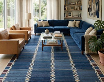 Alfombra Kilim tejida a mano, alfombra de lana tejida plana geométrica azul, alfombra tribal bohemia, decoración artesanal para sala de estar