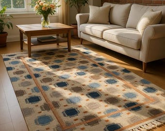 Handcrafted Wool Dhurrie Rug, Blue and Brown Geometric Pattern Kilim, Neutral Tones Reversible Flatweave,