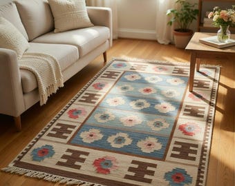 Kilim de lana tejido a mano: alfombra con estampado floral retro, decoración bohemia
