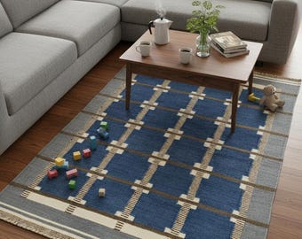 Handgefertigter Blauer Karierter Teppich, Geometrische Flachgewebe Teppich, Flachgewebe Kelim Teppich, Wollteppich,