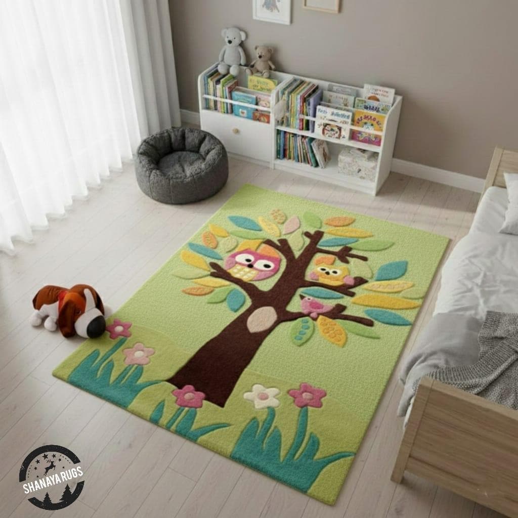 Hand Tufted loop & cut Owl Tree Rug for Kids Room | 3D Nursery Area Rug Playroom Decor