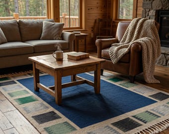 Blue Kilim Rug, Handmade Flatweave Area Rug, Modern Geometric Wool Carpet, Boho Living Room