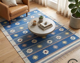Alfombra kilim azul hecha a mano, área de tejido plano geométrico, alfombra de estilo escandinavo, alfombra de lana tribal bohemia