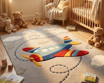 Hand Tufted Kids Rug, Airplane Design Nursery Carpet, Soft Wool Cartoon Plane Area Rug for Playroom