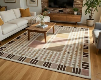Neutralny kremowo-beżowy dywan kilim | Nowoczesny geometryczny dywan Dhurrie | Dywany wełniane tkane na płasko