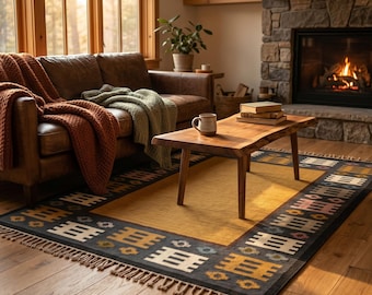 Tapis kilim tissé à la main, tapis à la frontière bohème, tapis scandinave à tissage plat, tribal géométrique pour chambre à coucher