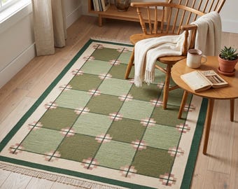 Grüner Schachbrettteppich, Handgefertigter Wollteppich, Moderner Minimalteppich, Wohnzimmerteppich