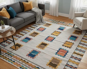 Colouful Kilim Area Rug, Flatweave Wool Rug, Boho Tribal Carpet, Handmade Geometric Multicolor Carpets