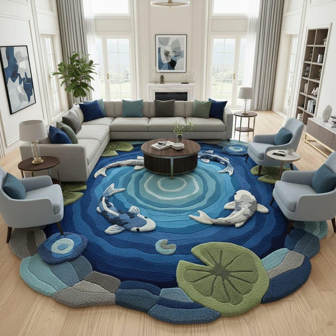 Handmade Kids Round Rug, Ocean Pond Design With Fish, Nursery ...
