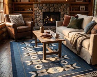 Blue Kilim rug, Handwoven Area Rug, Geometric Moroccan Style, Navy Boho Living Room Carpet