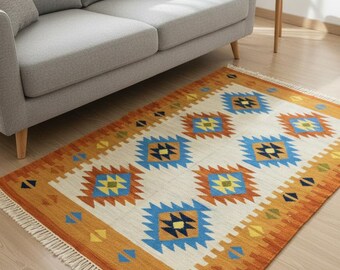Flatwoven Kilim Rug, Southwestern Geometric Area Rug, Handmade Boho Tribal Carpet, Living Room Decor