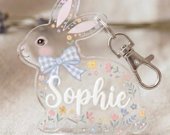 Gepersonaliseerde acryl naamlabel konijntje, aangepast strikje konijn rugzaklabel, kindernaamplaatje, leuk meisjeslabel, cadeau babymeisje, terug naar school cadeau