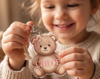Gepersonaliseerde naamlabel teddybeer, aangepaste acryl draagtaslabel, taslabel leuk meisje, sleutelhanger kinderen, cadeau babymeisje, terug naar school cadeau