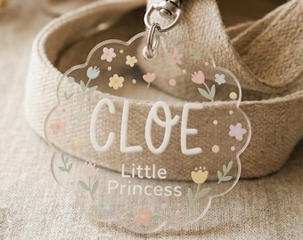 Gepersonaliseerde schattig naamtasje, aangepast bloemennaamplaatje met minitekst, duidelijk taslabel, bloemen kinderlabel, cadeau babymeisje, cadeau terug naar school