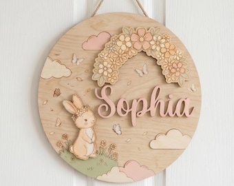 Gepersonaliseerde houten naambord konijn, aangepast decor babymeisje babykamer, bloemen konijn kunst aan de muur, babyshower cadeau, decor kinderkamer, decor meisje