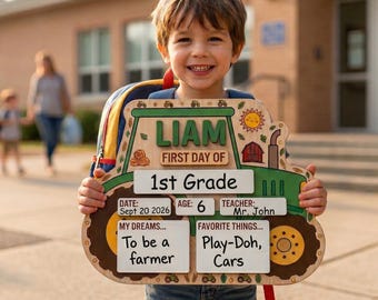 Gepersonaliseerde houten tractor bord eerste schooldag, aangepaste tractor terug naar school bestuur, terug naar school cadeau voor kinderen, cadeau voor jongens