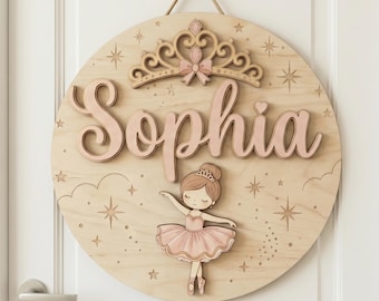 Gepersonaliseerde ballerinanaambord, houten naambord prinsessenkroon, aangepaste babymeisje kinderkamer muurdecoratie, decor balletkamer, deurbord meisje