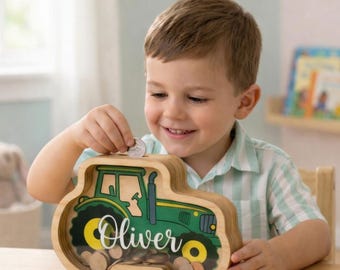 Gepersonaliseerde tractor houten spaarvarken, spaarpot aangepaste naam, houten kinderspaarbank, jongens kinderkamerdecoratie, verjaardagscadeau jongen