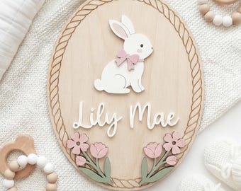 Gepersonaliseerde naambordje konijn, houten babynaamplaatje, aangepaste muurdecoratie kinderkamer, cadeau pasgeborene, cadeau babyshower, decor kinderkamer